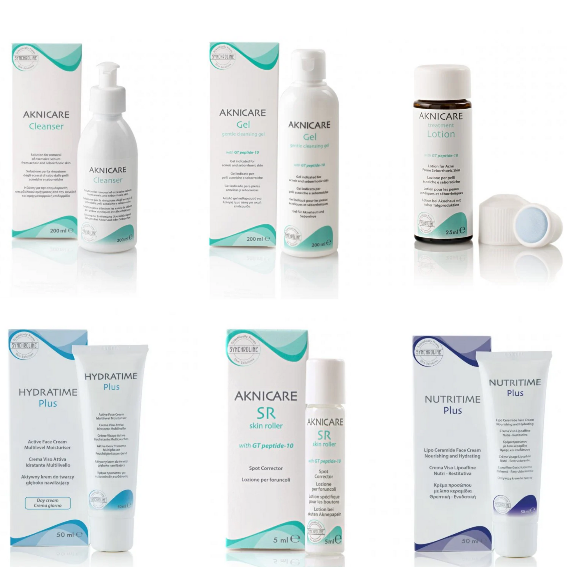 Aknicare skincare treatment products including bottles and boxes on a white background