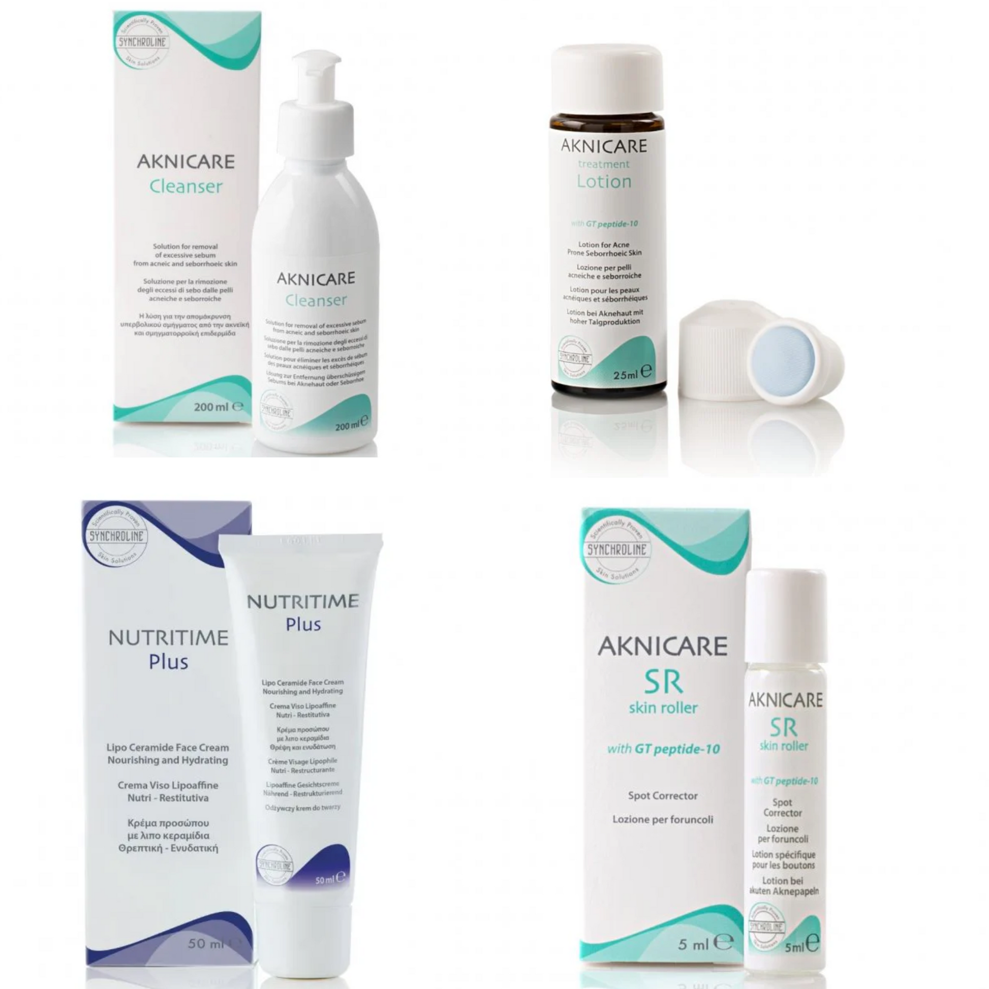Collection of Aknicare skincare products including cleanser, lotion, and other acne skincare treatments on a white background.