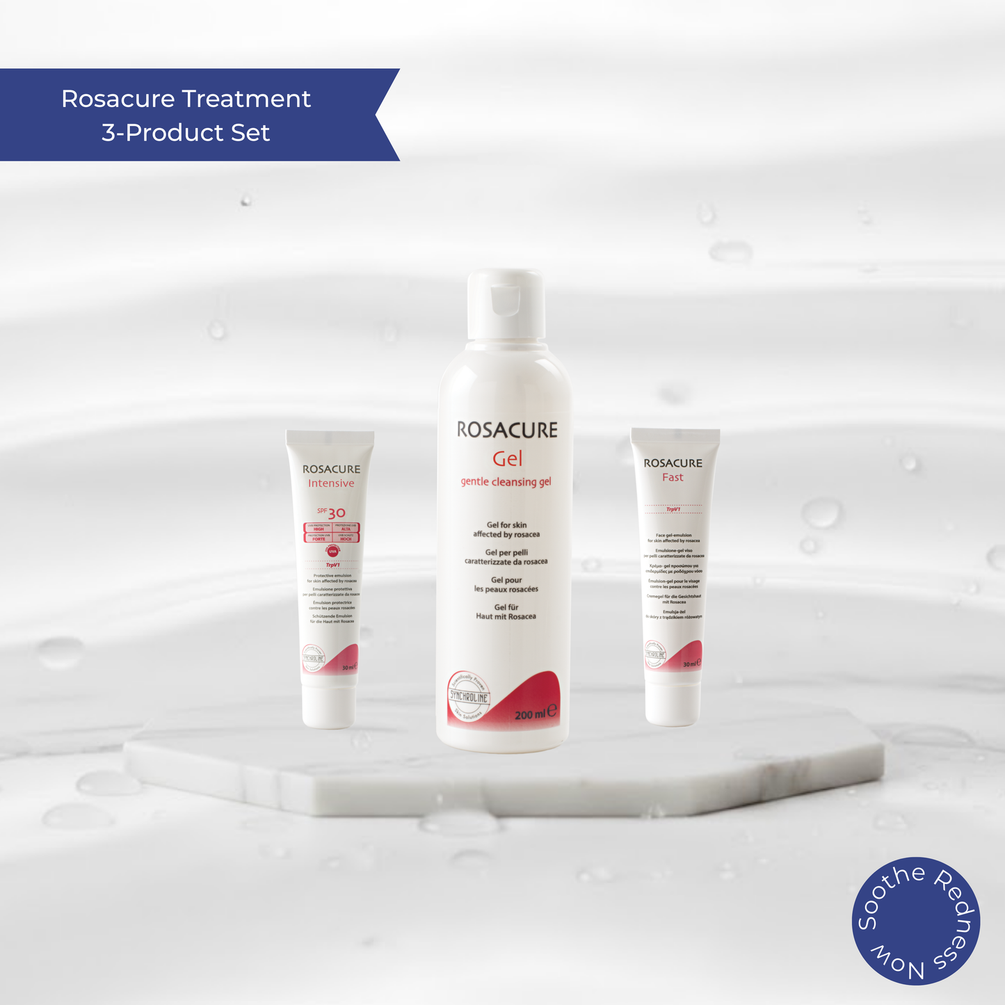 Rosacure treatment 3-product set to Soothe Protect and Manage Rosacea on a white background