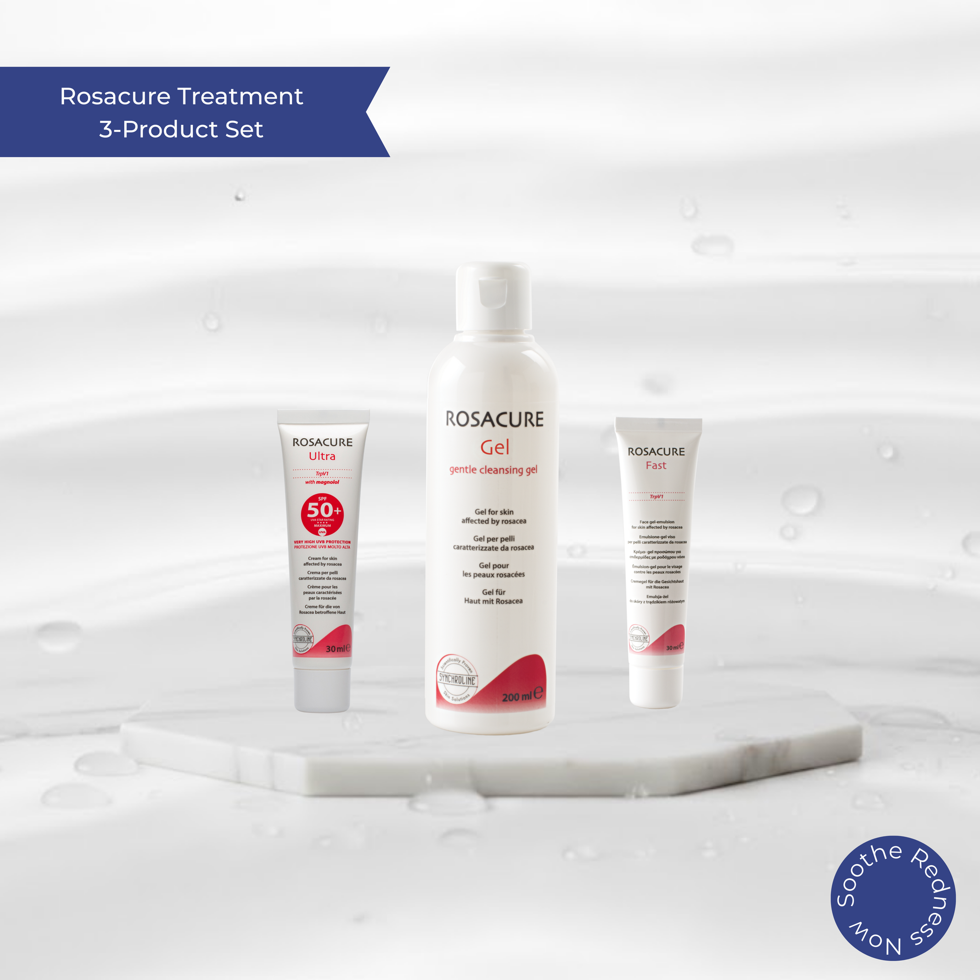 Rosacure treatment 3-product set to Soothe Protect and Manage Rosacea on a white background