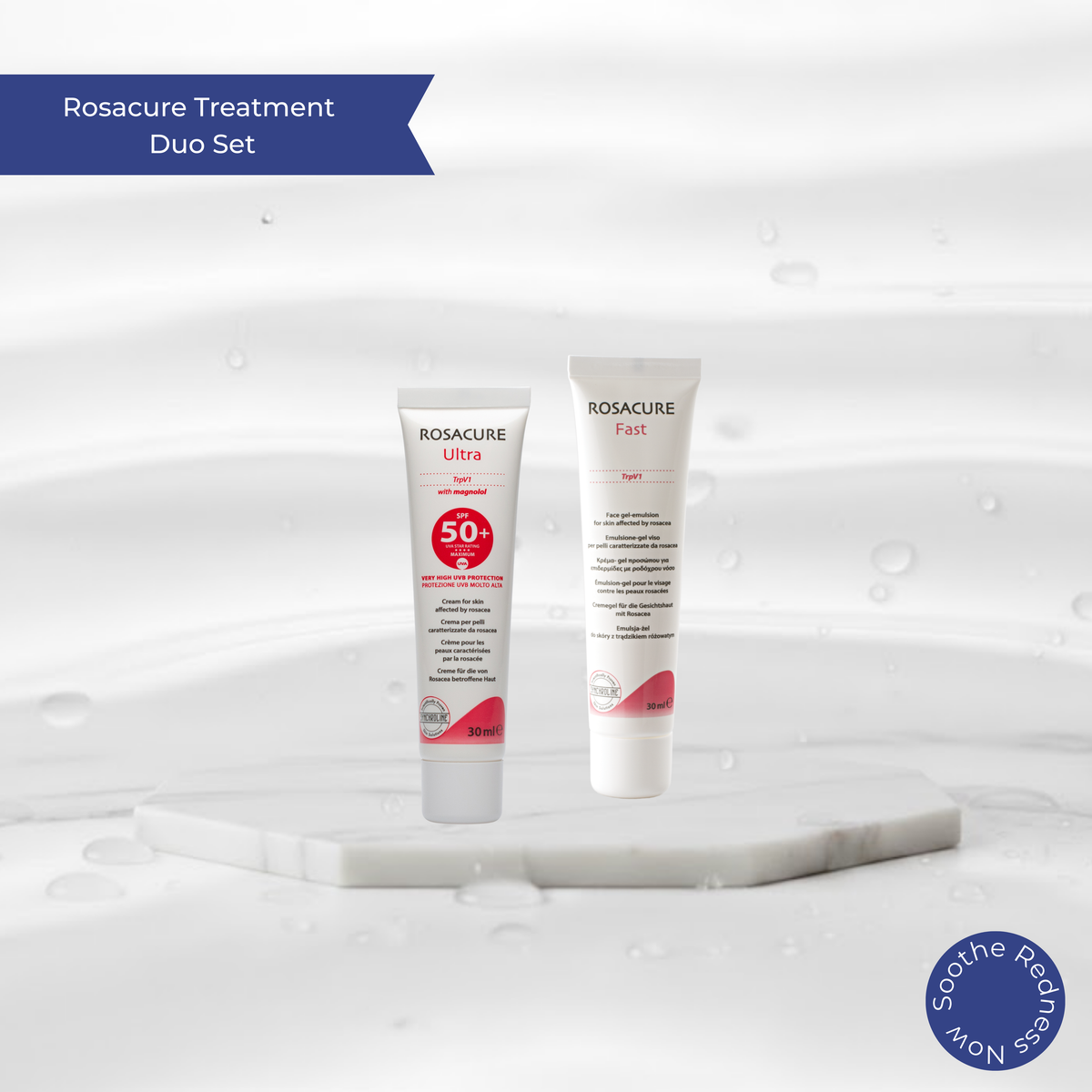 Two Rosacure Find Lasting Relief  treatment tubes on a white background with 'Rosacure Treatment Duo Set' text.