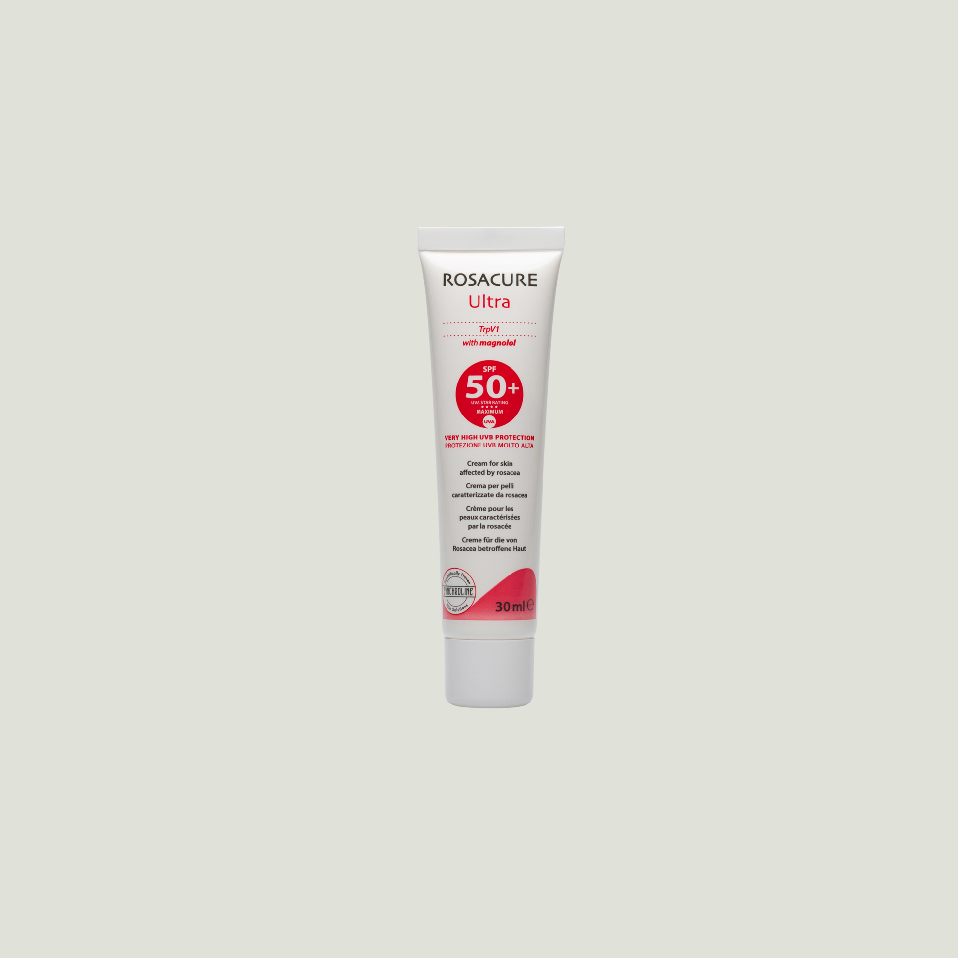 Rosacure Ultra sunscreen tube to Soothe Protect and Manage Rosacea on a light gray background