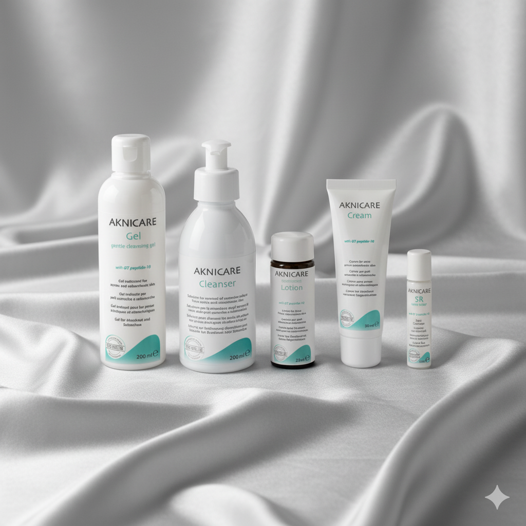 Aknicare Acne skincare treatment  products on a white fabric background