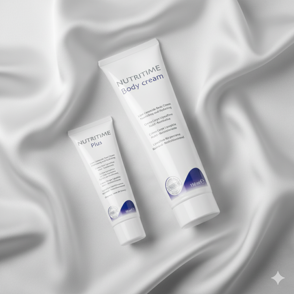 Two tubes of Nutritime body dry skin cream on a white fabric background