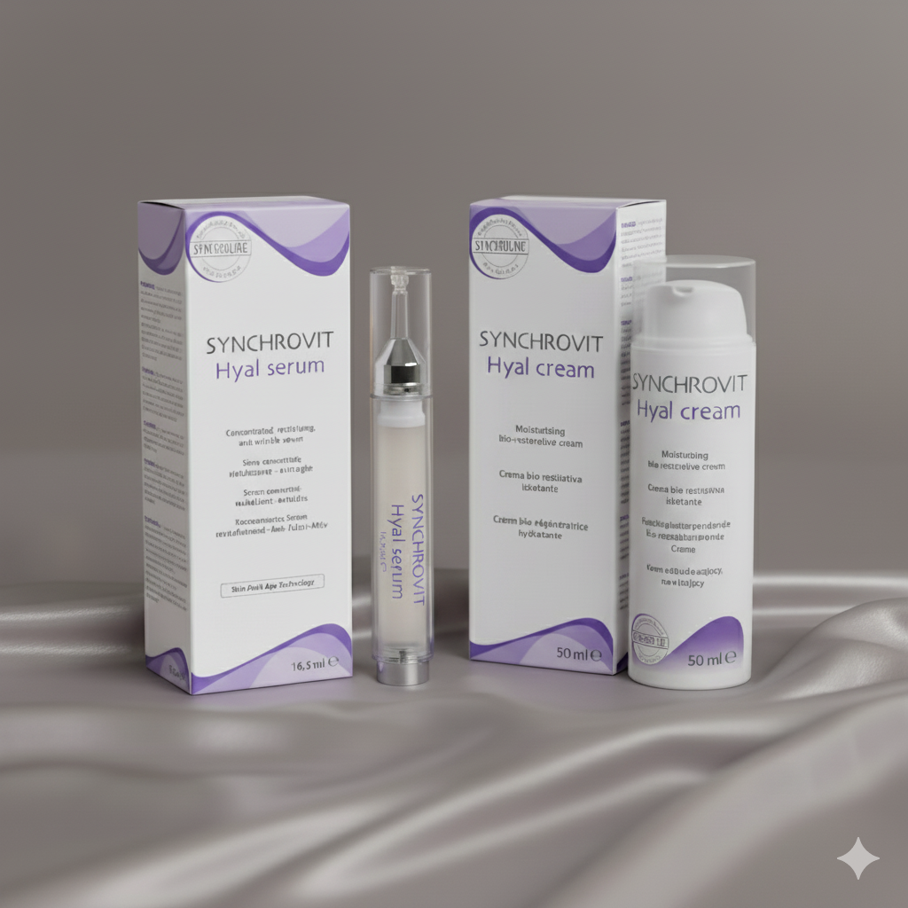 SYNCHROVIT skincare products to Rejuvenate Your Skin including serum, cream, and boxes on a gray background