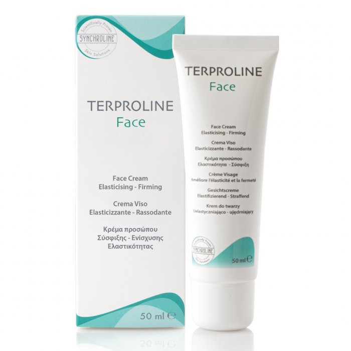 Product packaging for TERPROLINE daily skincare Face Cream, showing the box and the tube with the cream, alongside its description and benefits.