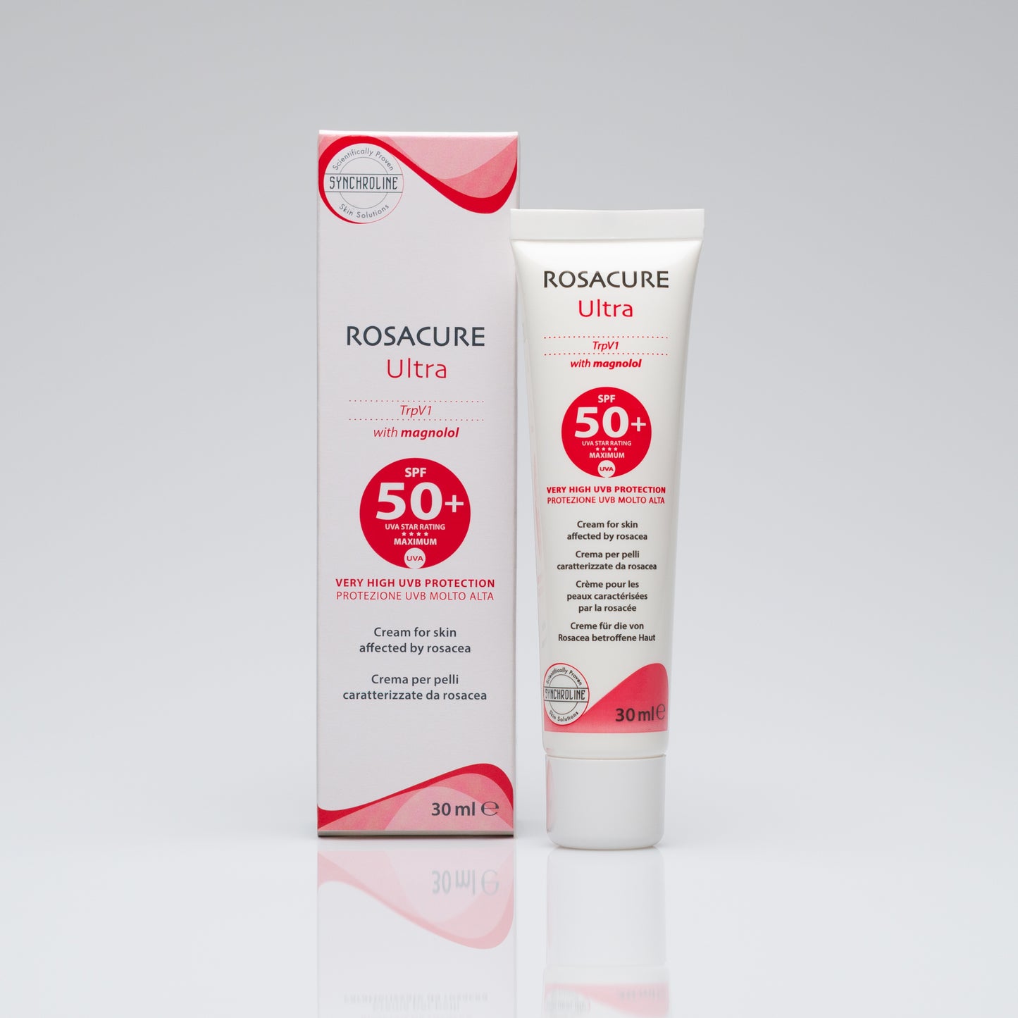Rosacure Ultra sunscreen cream for Skin Affected by Rosacea and packaging on a gray background