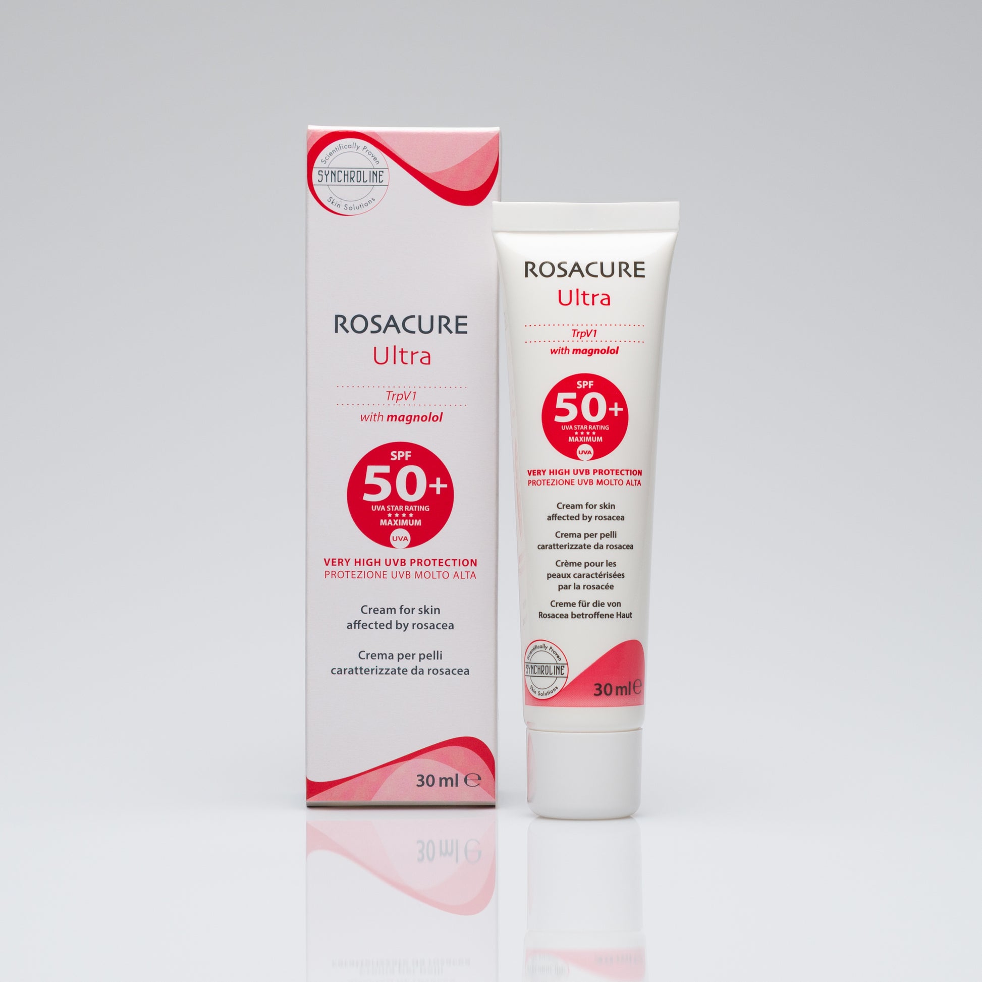 Rosacure Ultra sunscreen cream for Skin Affected by Rosacea and packaging on a gray background