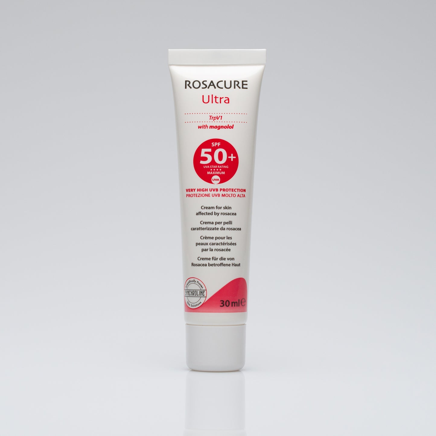 Rosacure Ultra sunscreen for Skin Affected by Rosacea cream tube on a gray background