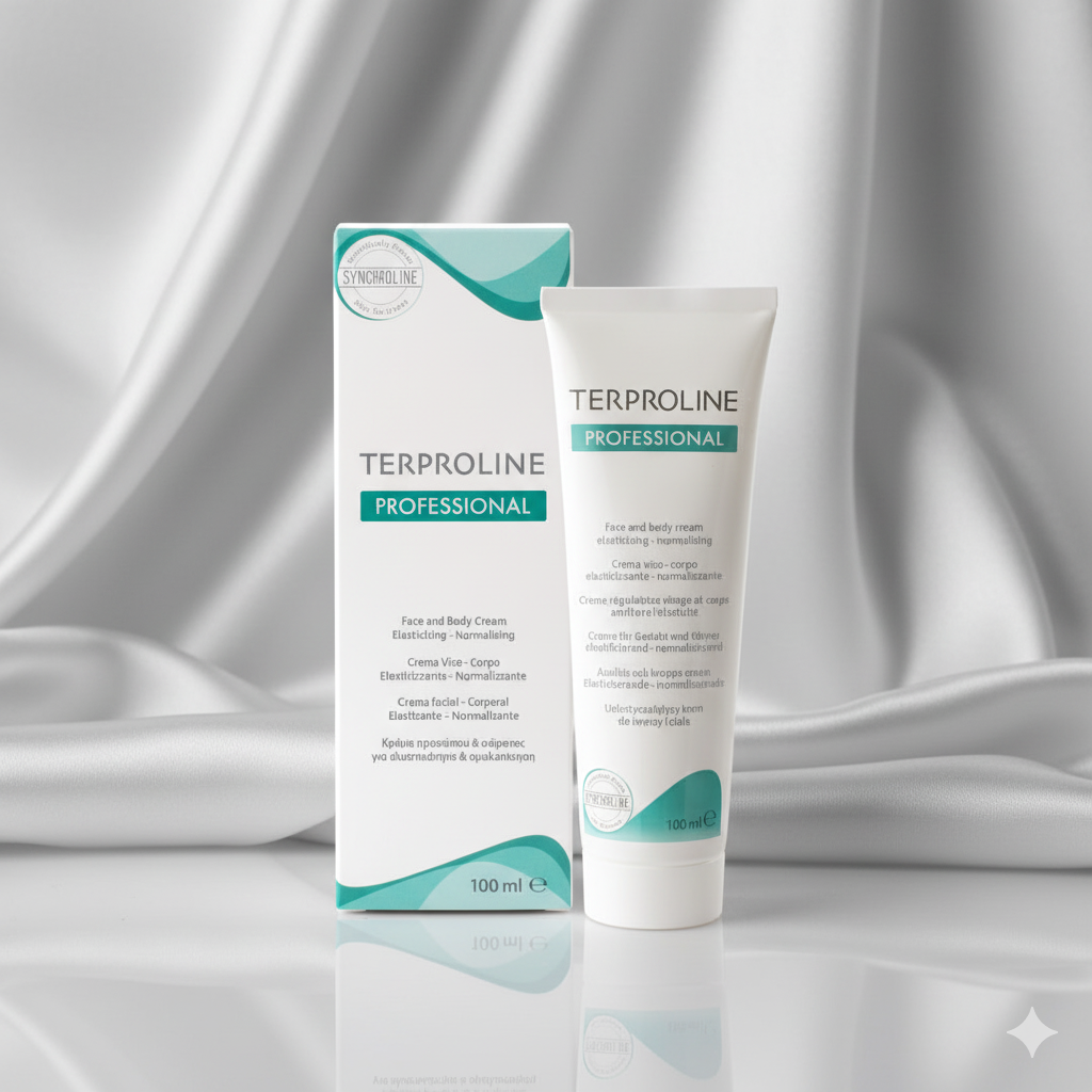 Terproline Professional post cosmetic procedures cream and box with a light grey silk background